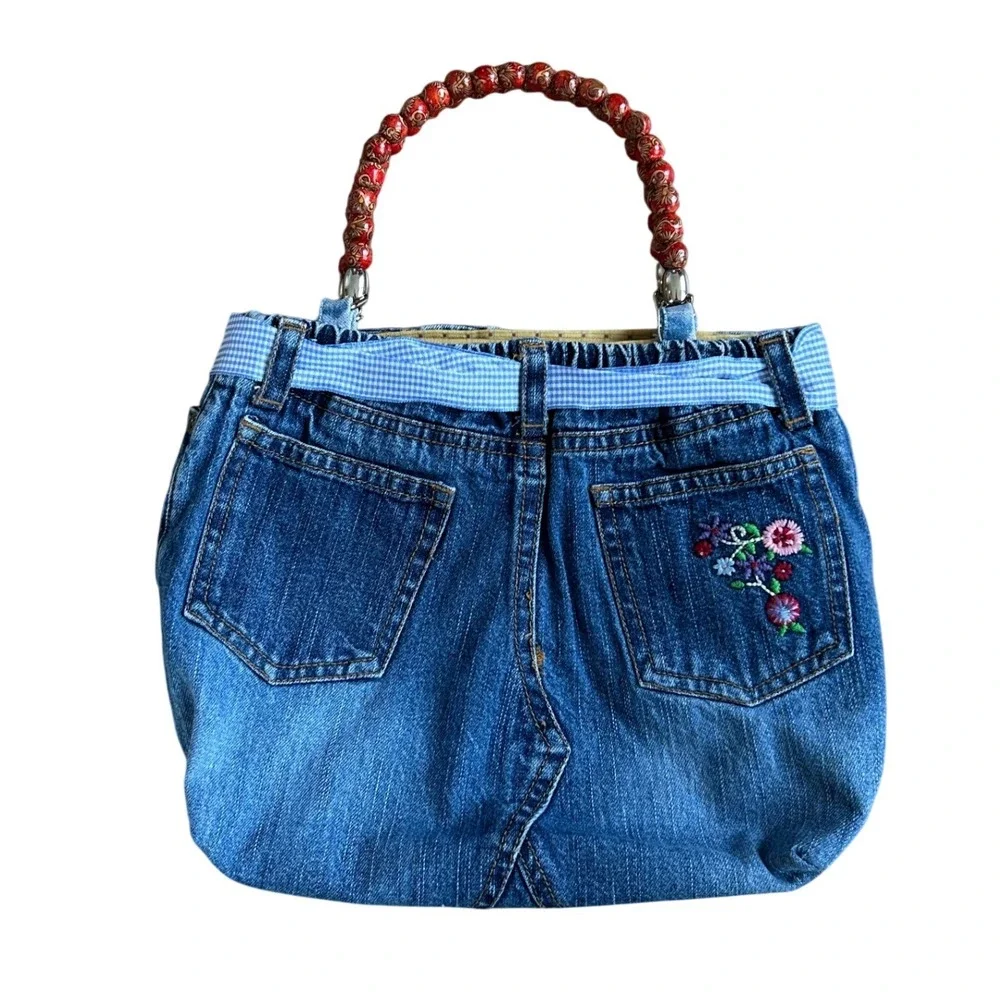 Vintage Denim jean Handbag‎ Handmade Y2K Embroidered Beaded top Handle Bag